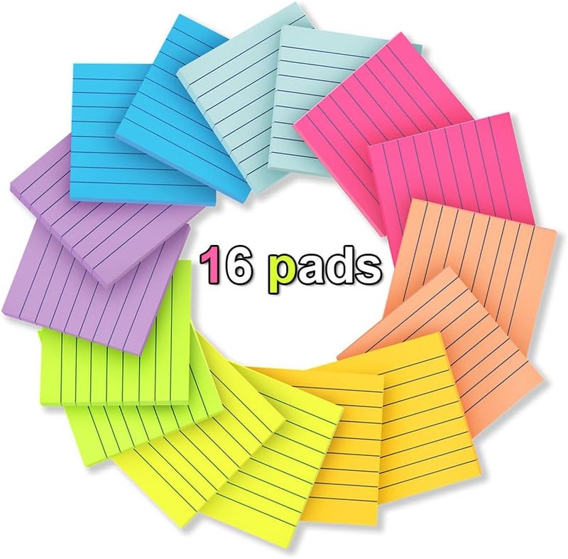 Kozerite (16 Pack) Lined Sticky Notes 3x3 in Ruled Stickies Super Sticking Power Memo Pads Bright Colors - Image 2